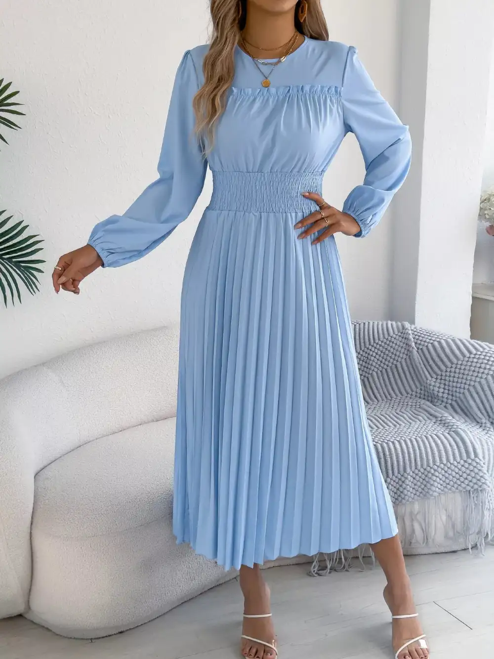 Pleated Smocked Long Sleeve Midi Dress