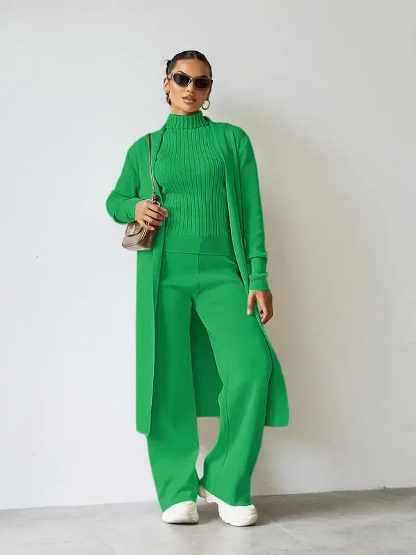Trendy Knit Turtle Neck Tank & Wide Leg Trousers With Open-Front Long Cardigan Three-Piece Sets