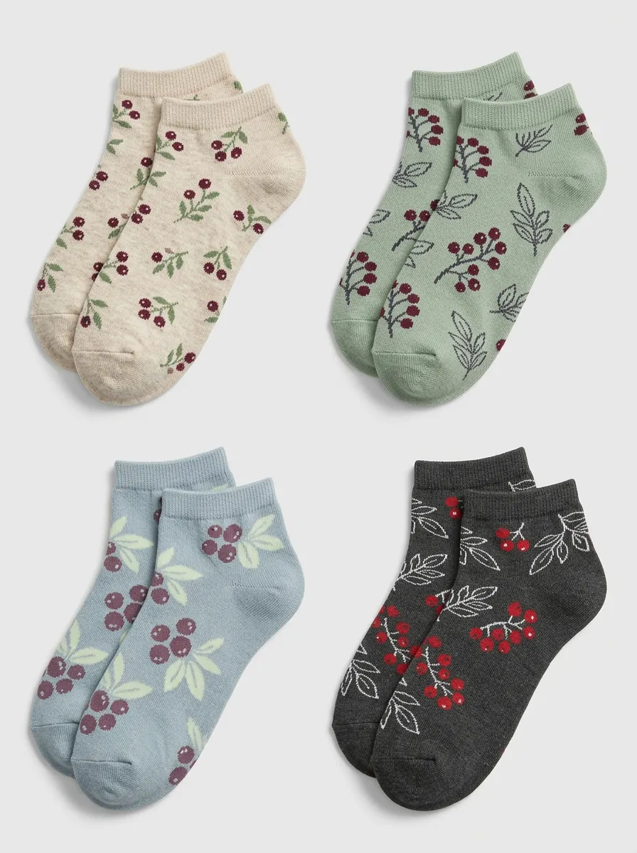 Women's Berry Botanical Ribbed Ankle Socks Four Pair Set