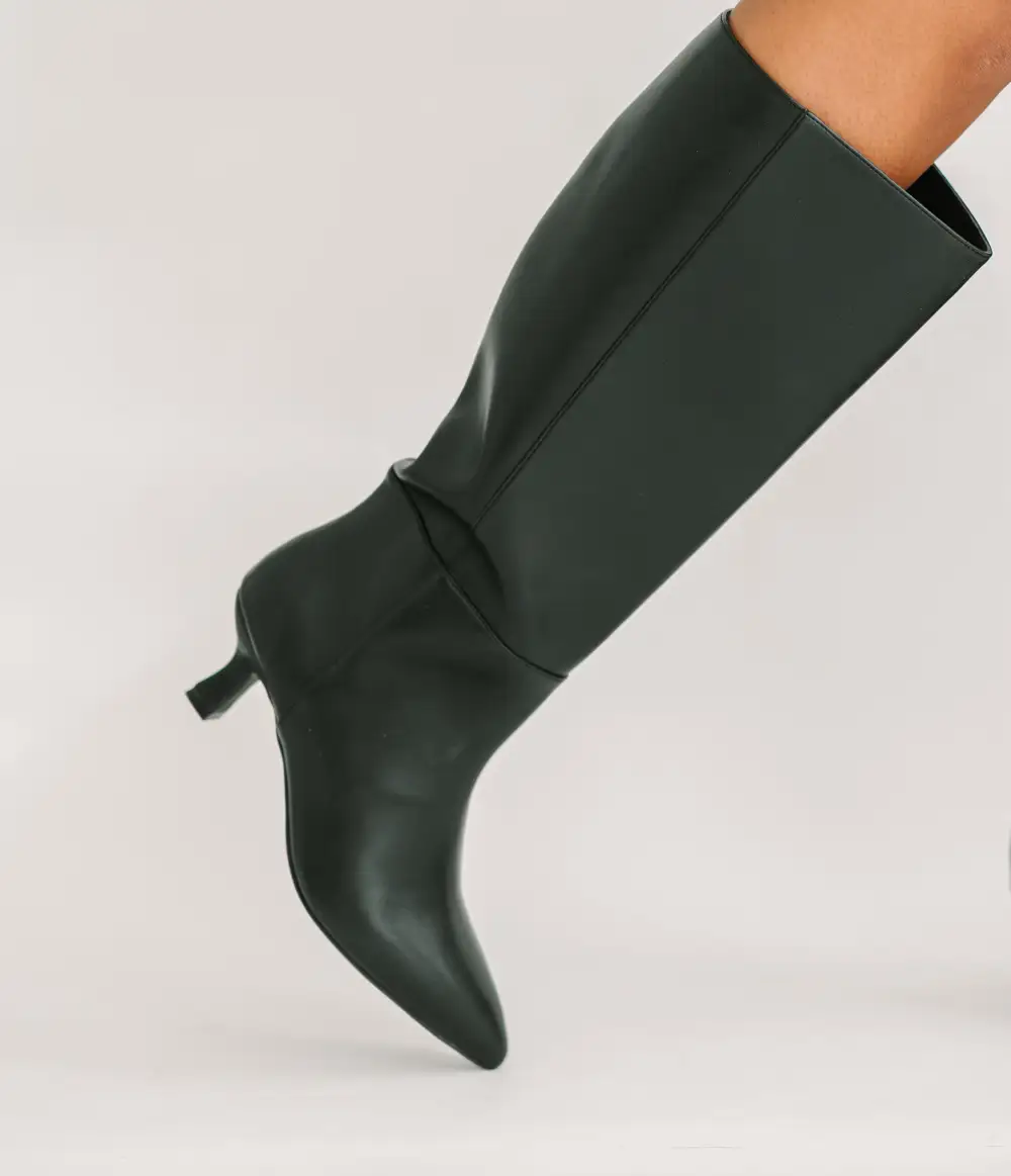 Refined Faux Leather Pointed Toe Kitten Heel Knee High Boots