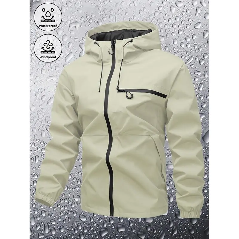 Men's Plain Waterproof Windproof Drawstring Zip Up Hooded Jacket, Casual Long Sleeve Zipper Pocket Design Outerwear for Outdoor Activities, Men's Clothes for All Seasons, Menswear m 65 jacket Stripe Print Baseball Bomber Jacket