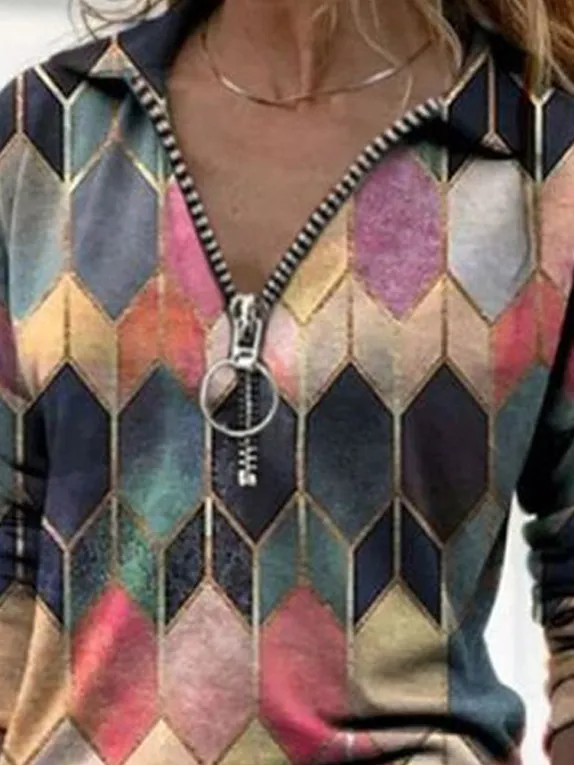 Lapel Long Sleeve Printed Zip T-shirt