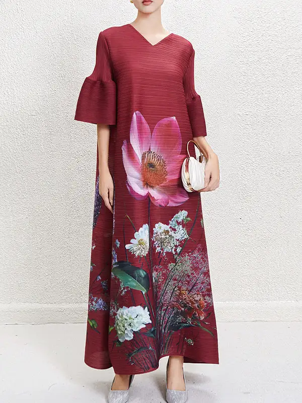 Flared Sleeves Pleated Neck Maxi Dress