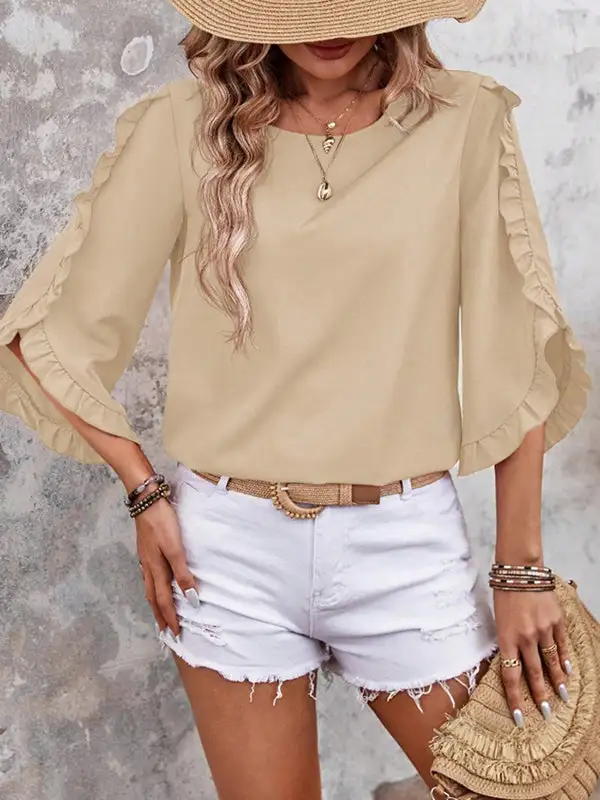 Relaxed Three Quarter Sleeves Ruffle Trim Round Neck T-Shirt