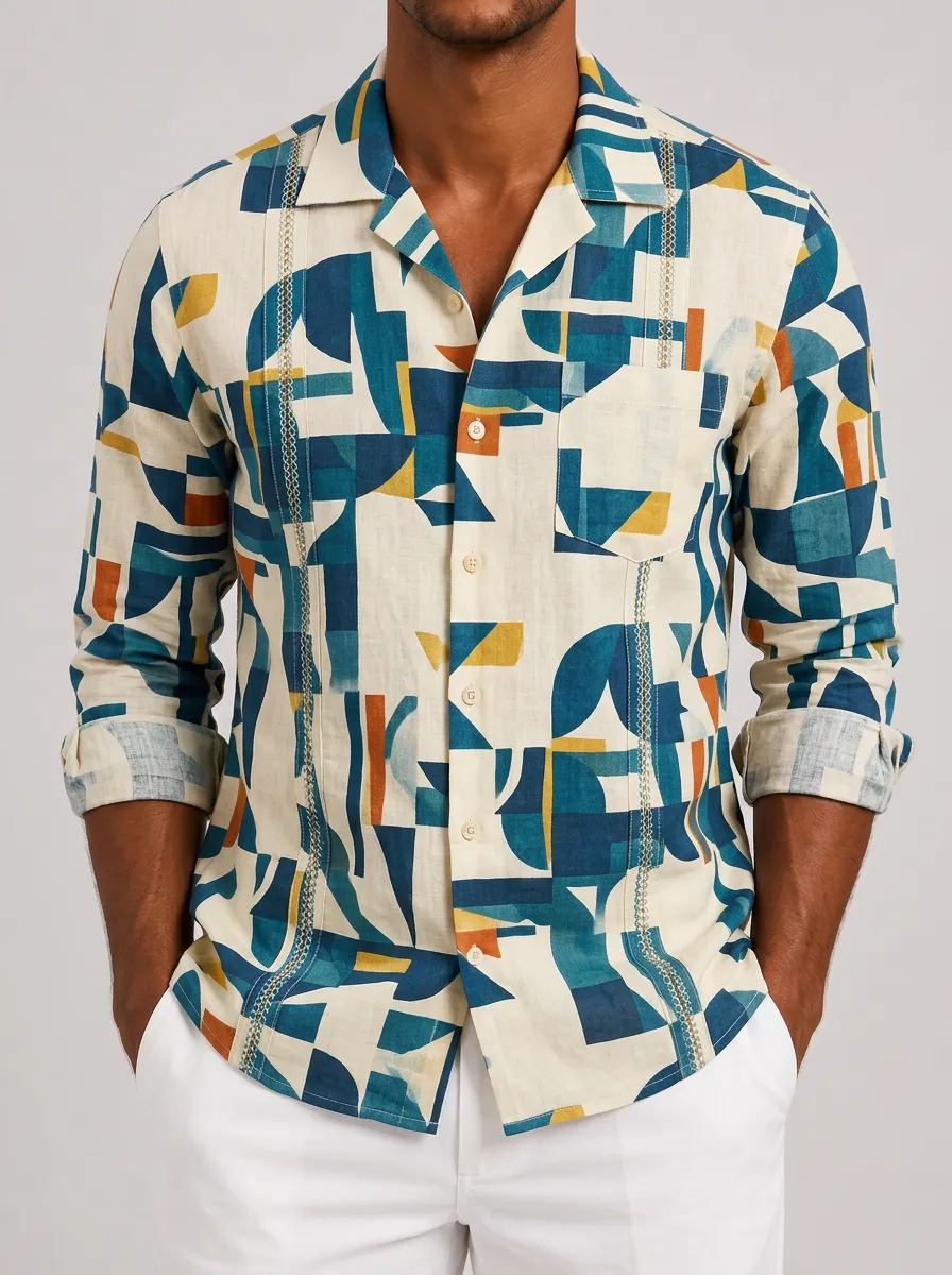 Men's Geometric Abstract Pattern Printed Guayabera Shirt