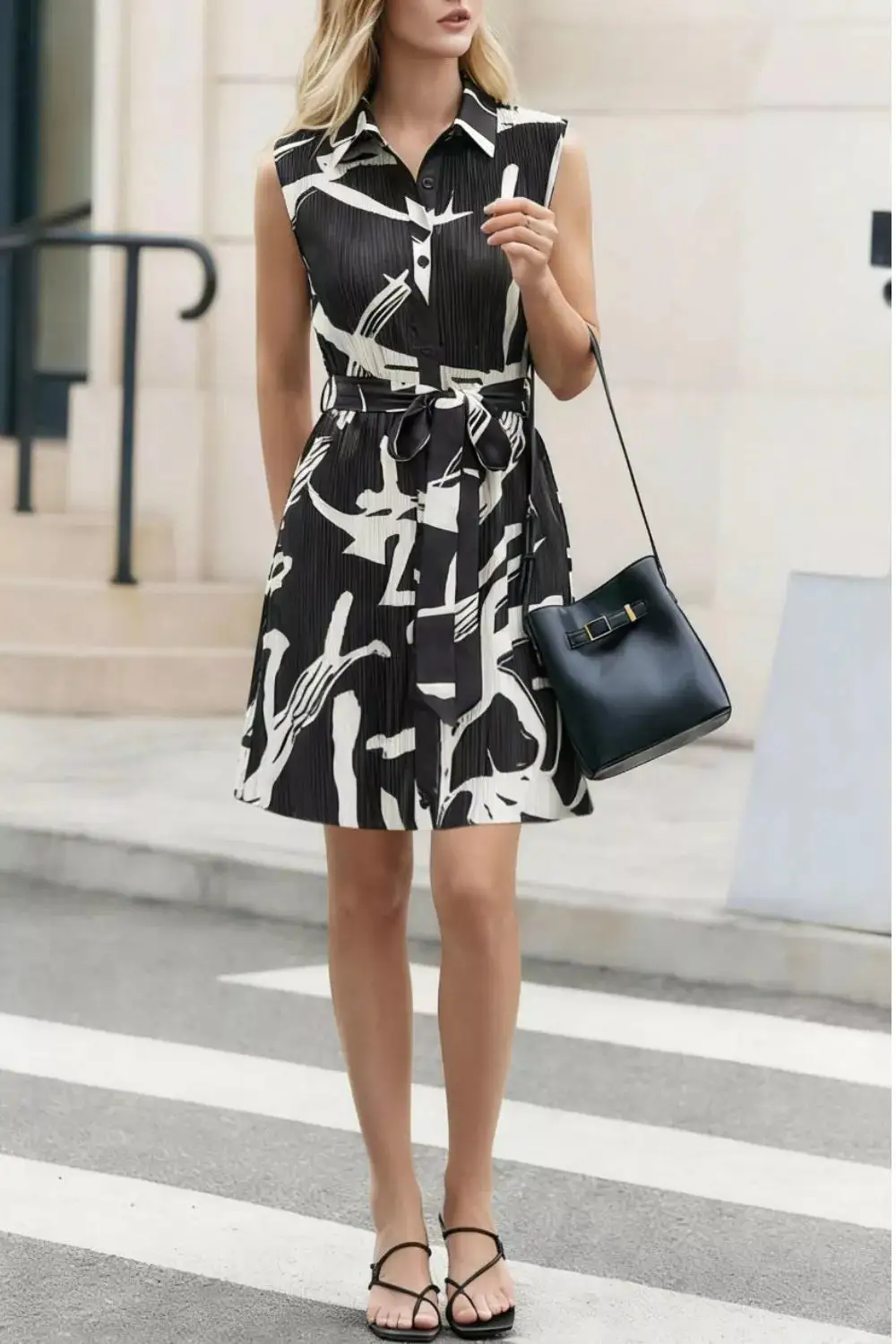 Abstract Print Sleeveless Shirt Dress