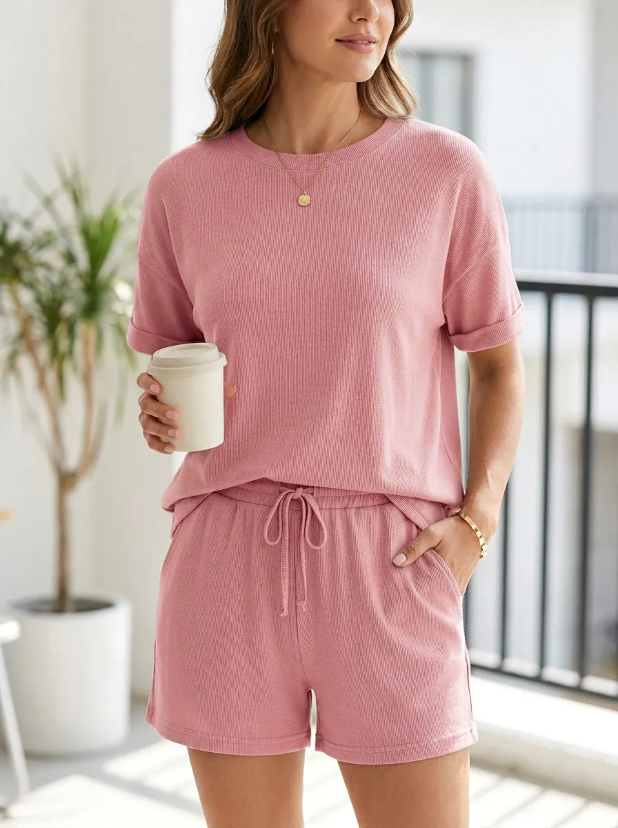 Comfy Ribbed-Knit Short-Sleeve Lounge Set