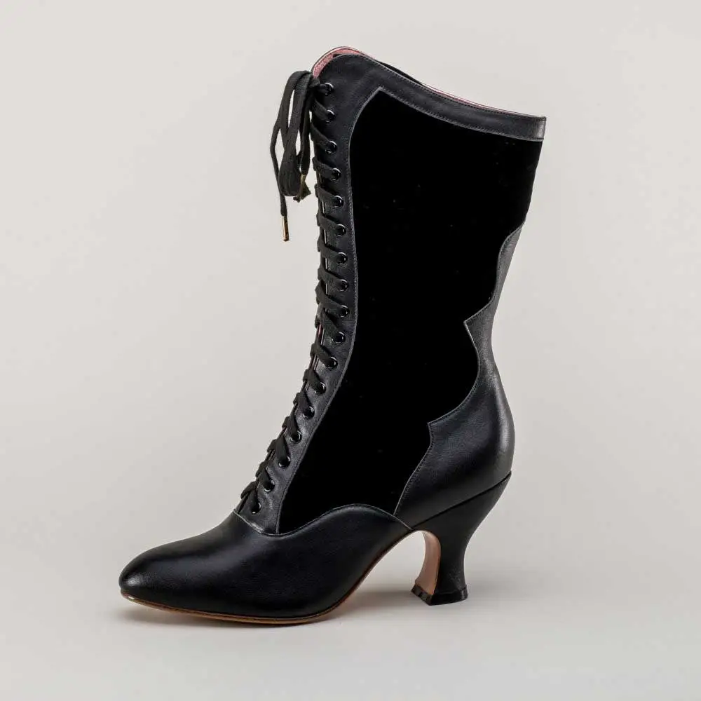 Faux-Leather Lace-Up Patchwork Spool-Heel Mid-Calf Boots