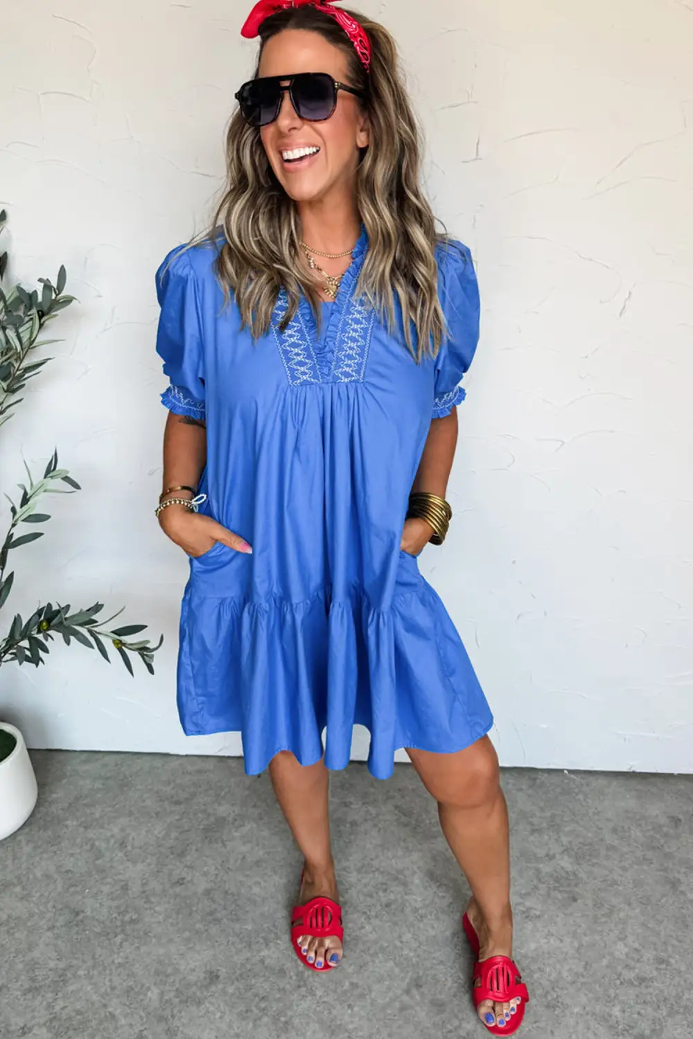 Embroidered V Neck Smocked Mini Dress