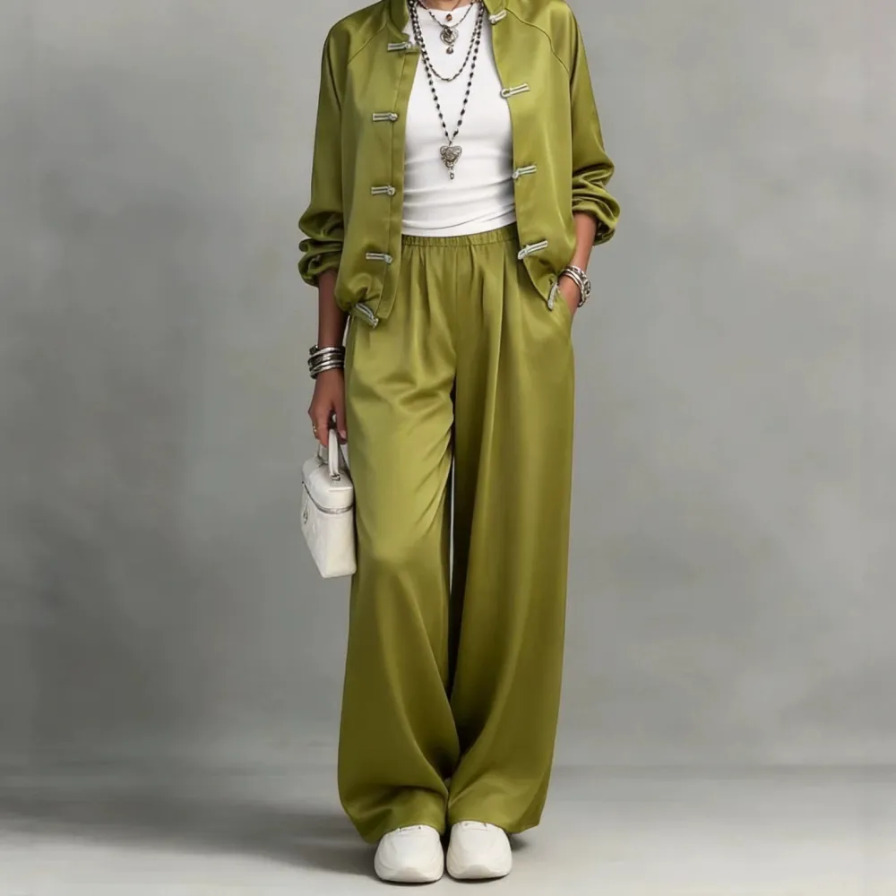 Wide-Leg Drawstring Long-Sleeve Women's Two-Piece Set