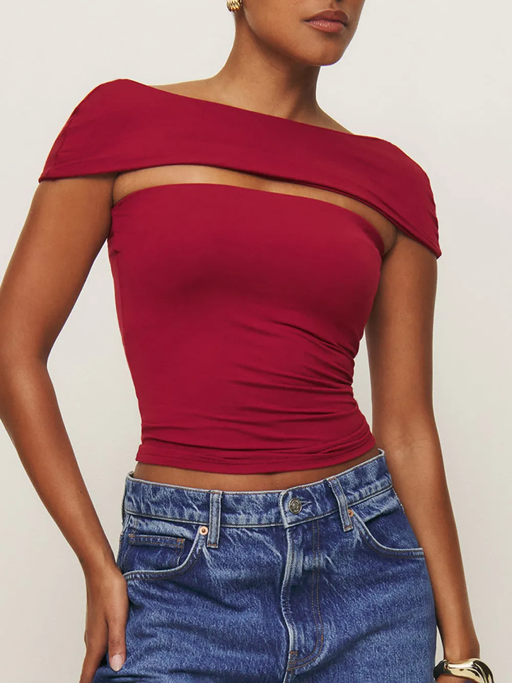 Asymmetric Cutout Ruched Crop Top