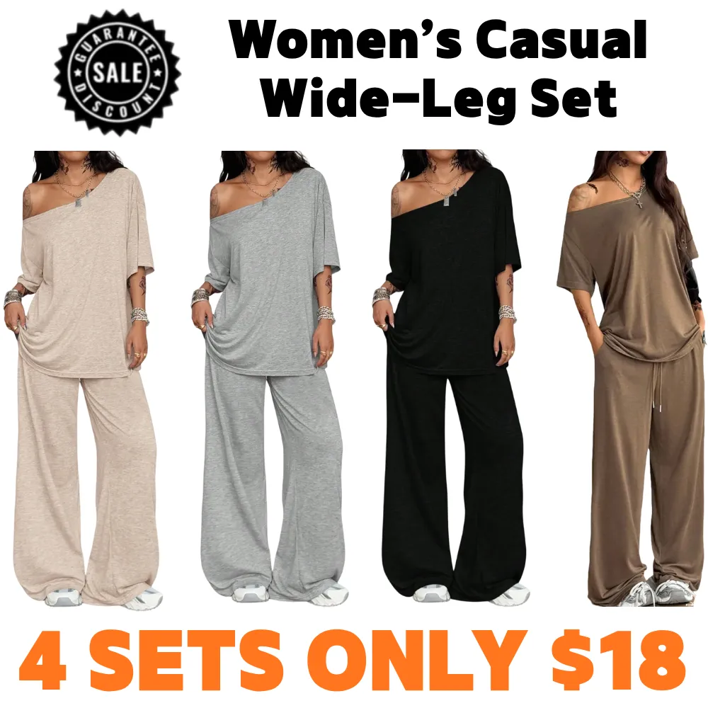 Women’s Casual Two-Piece Set – Wide-Leg Pants & Slant Neck Top