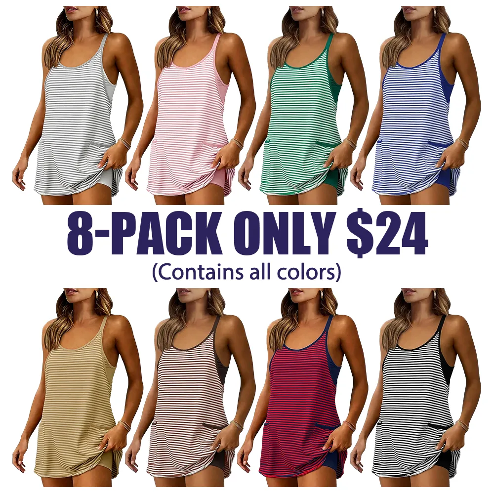 Women's Summer Athletic Mini Dress Sleeveless V Neck Built-in Shorts