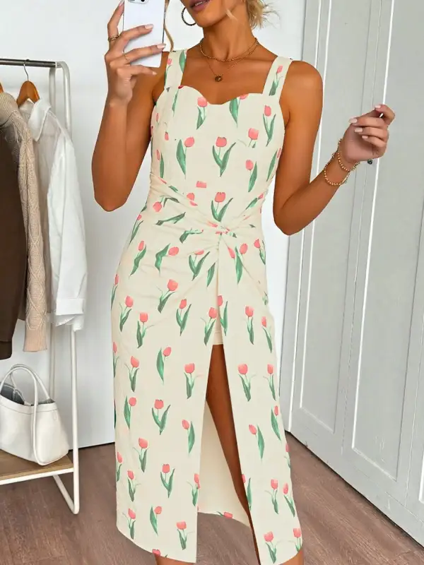 Printed Slit Dress Casual