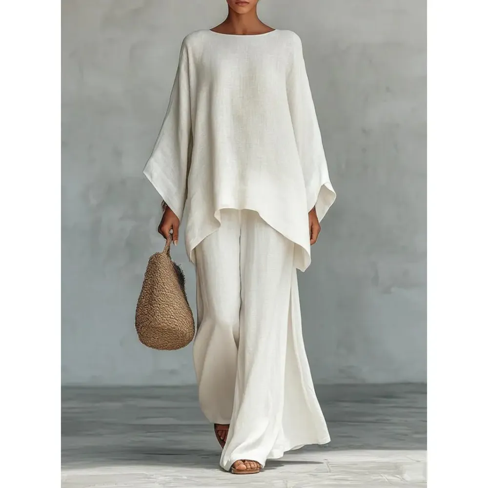 Boho Linen Summer Two-Piece Set – Wide Leg Pants & Batwing Top