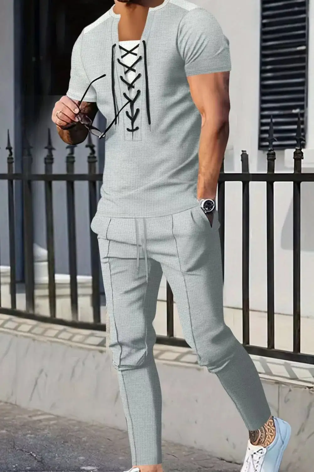 Men's Full Size Lace Up Front Top and Pants Set