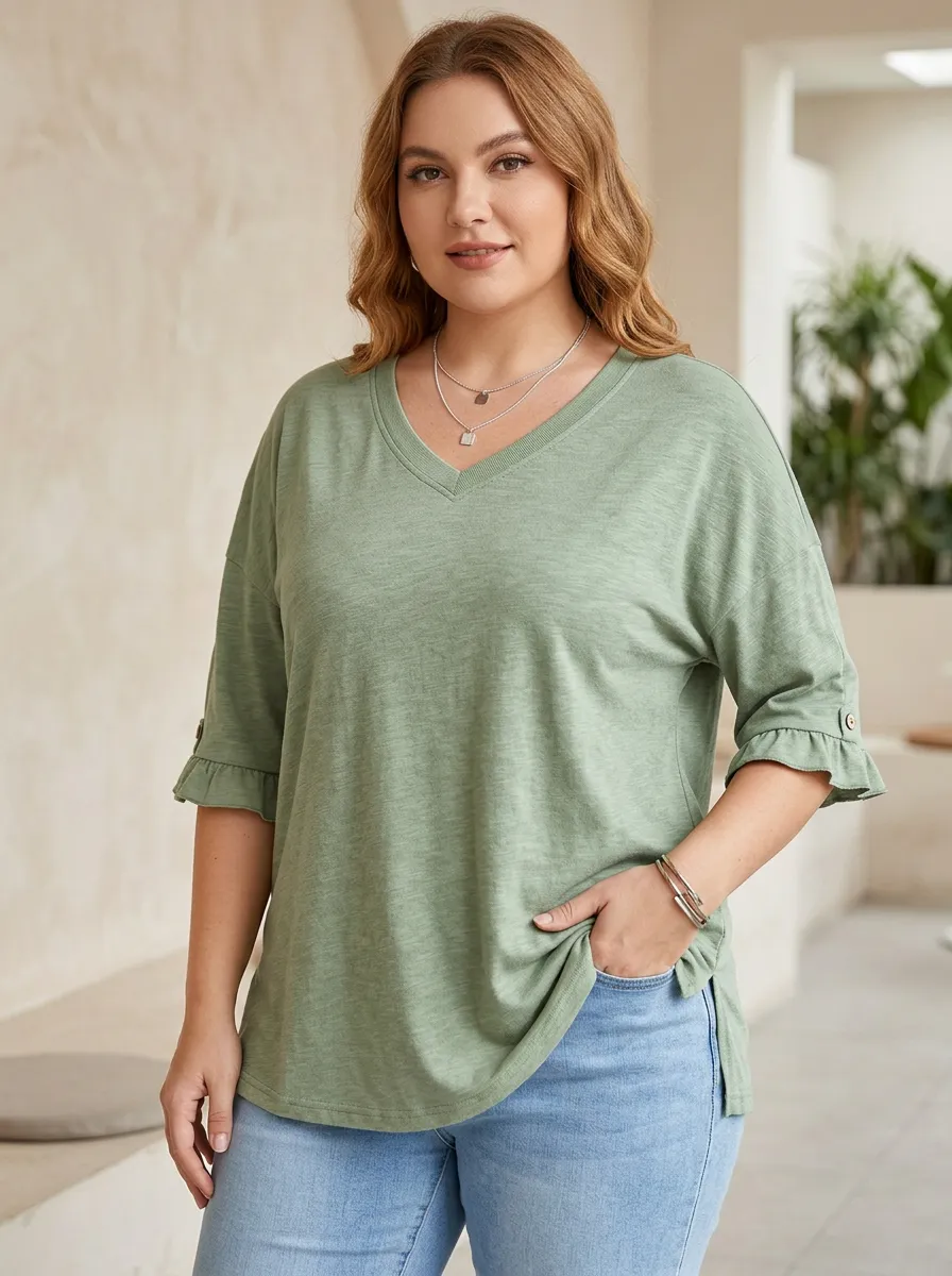 Women's Plus Size Sage Green Ruffle Sleeve V-Neck T-Shirt