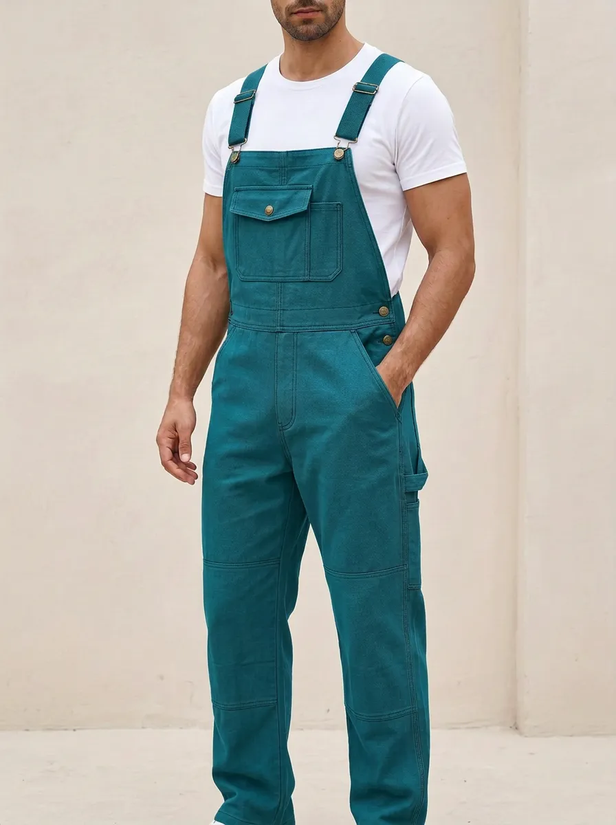 Men's Casual Olive Green Utility Pocket Denim Overalls