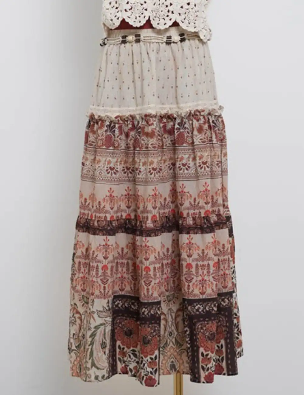 Boho Woven Band Elastic Waist Tiered Midi Skirt