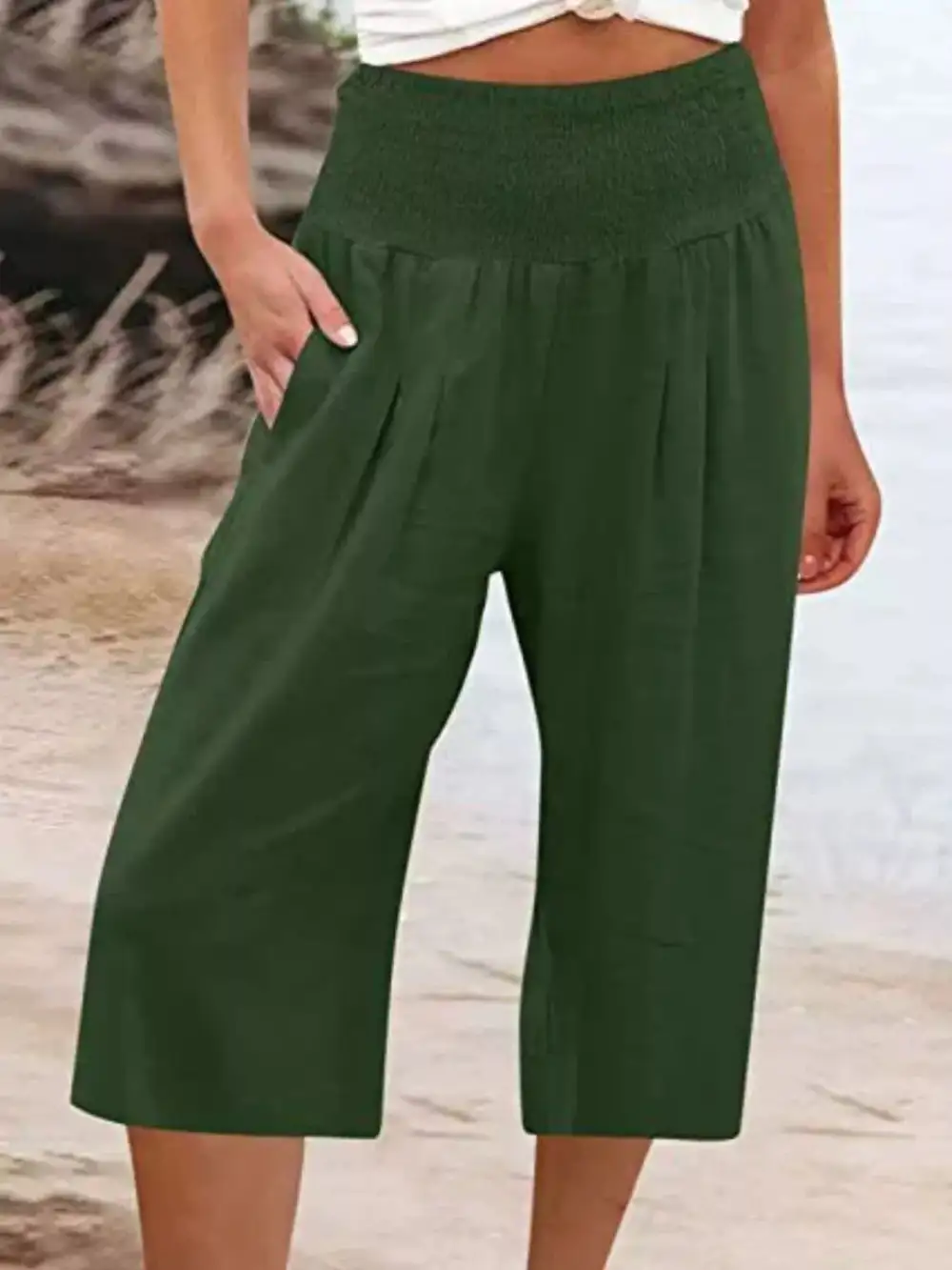 Smocked Wide Leg Capri Pants