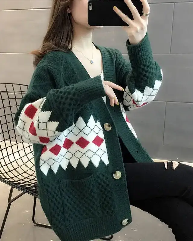 Acrylic-Blend Polyester-Blend Button-Front V-Neck Cardigan