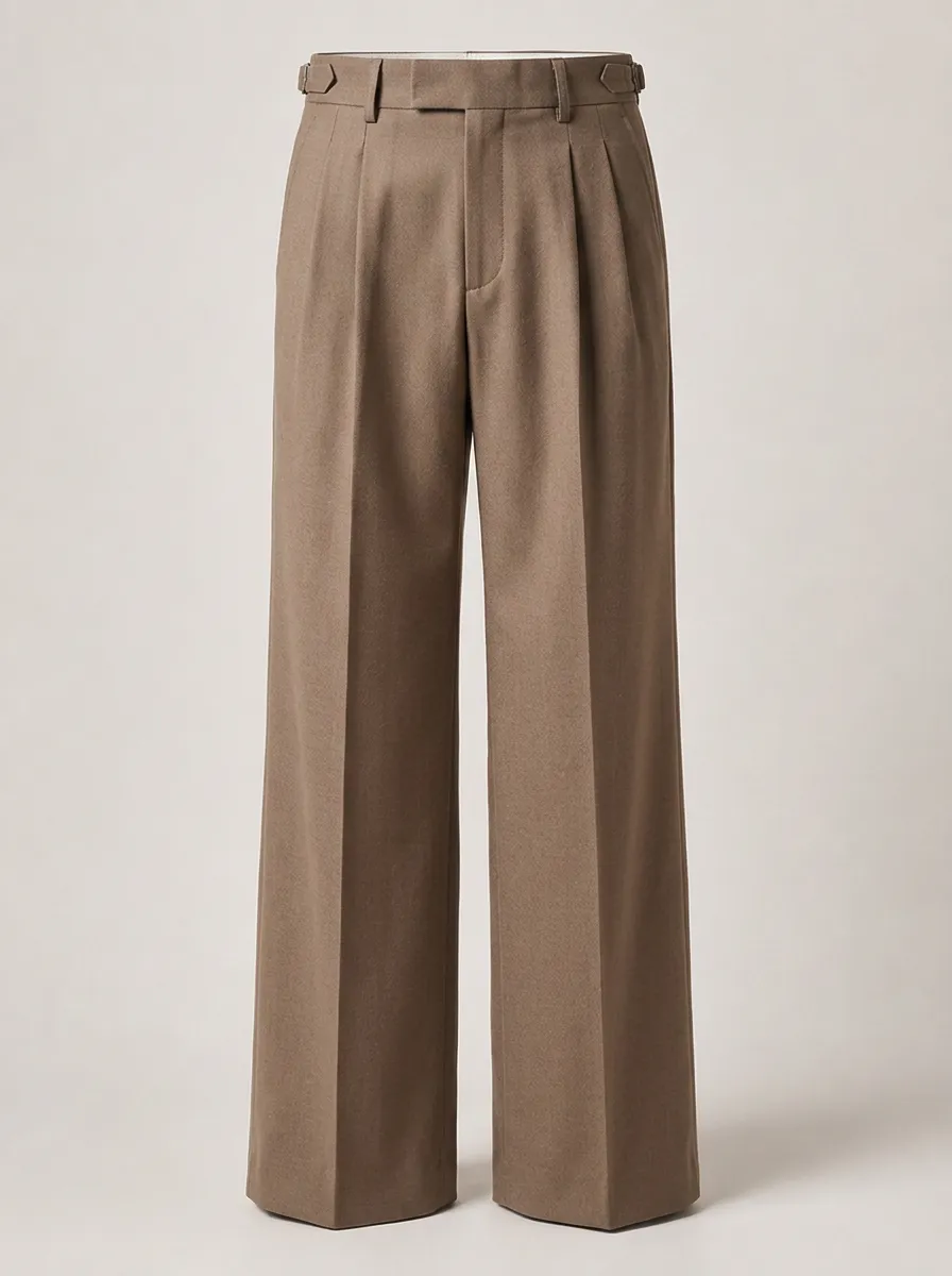 Men's Classic Brown Pleated Wide Leg Dress Trousers