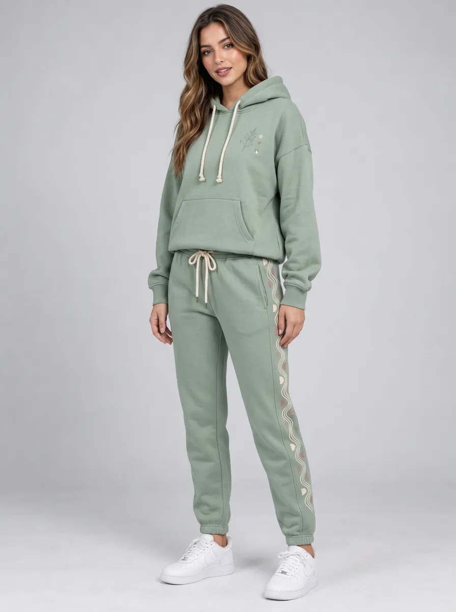 Women's Sage Green Tapered Pants Kangaroo Pocket Solid Hoodie & Pants Set