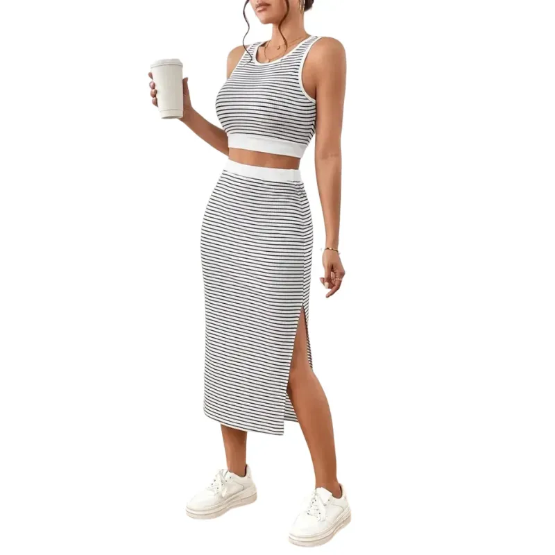 Women's Striped Print Crop Top & Skirt Two-Piece Set