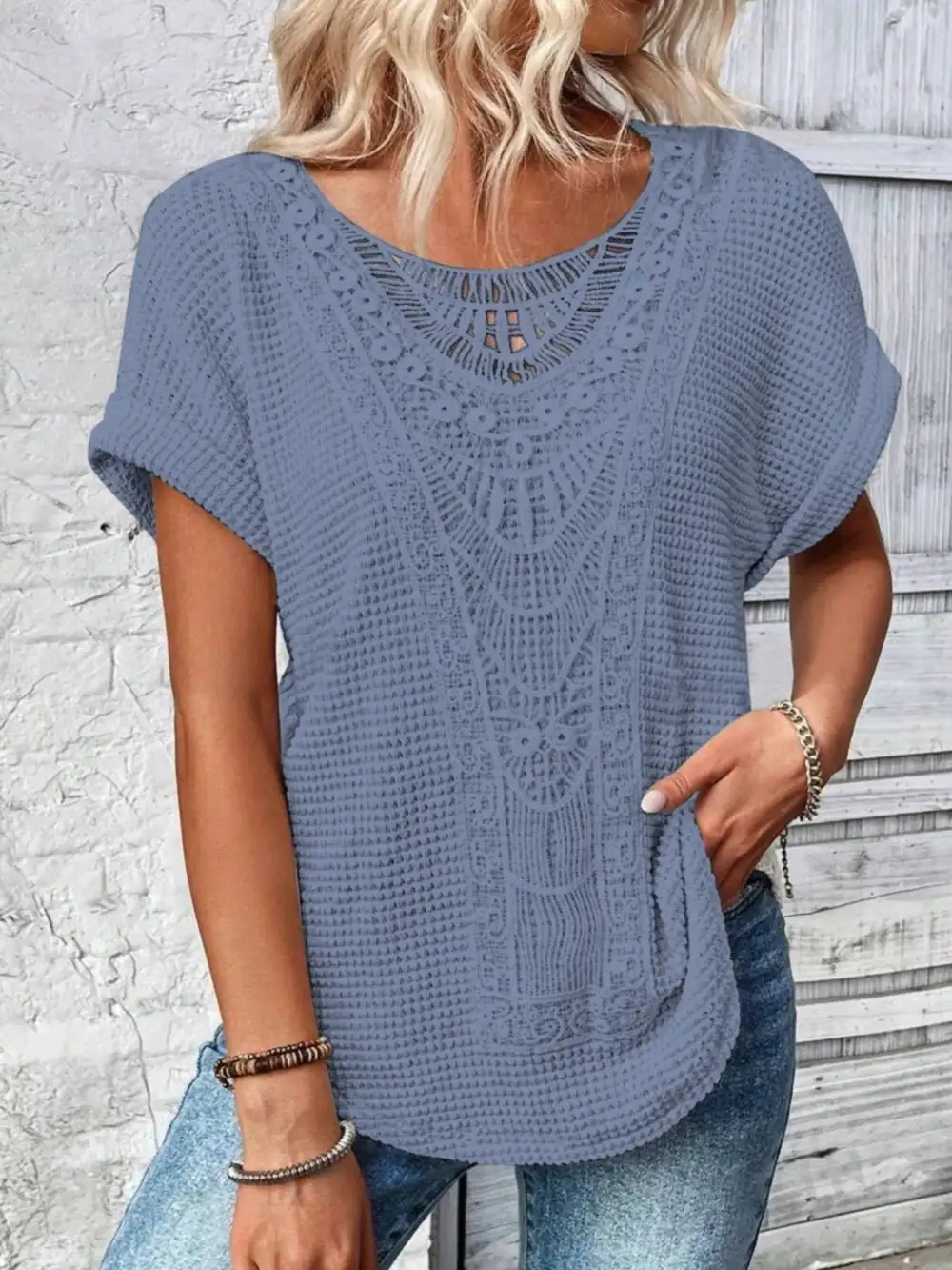Refined Short-Sleeve Lace-Detail Knit T-Shirt