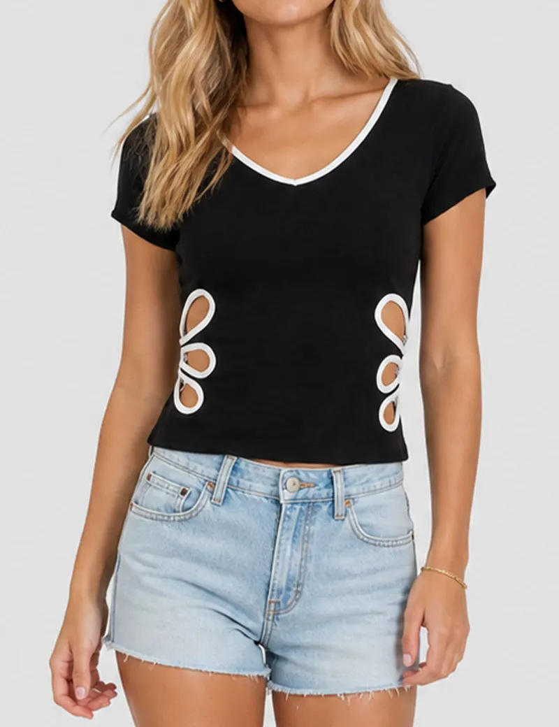 Color Block V Neck Side Cutout Short Sleeves T-shirt