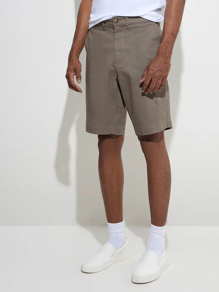 Taupe Loose Mid-Waist Cotton-Blend Shorts