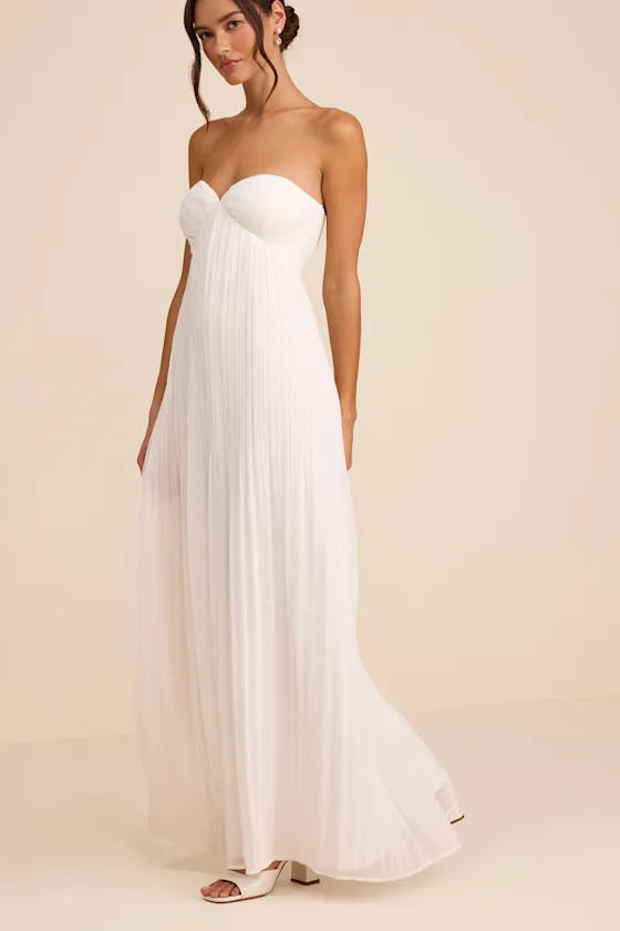 Remley White Pleated Strapless Maxi Dress