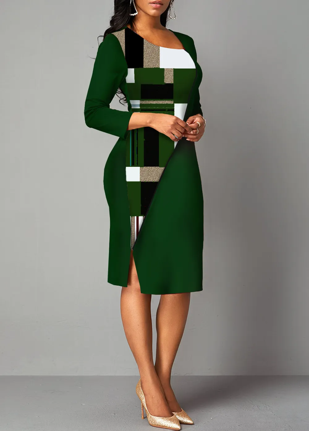 Side Slit Plaid 3/4 Sleeve Bodycon Dress