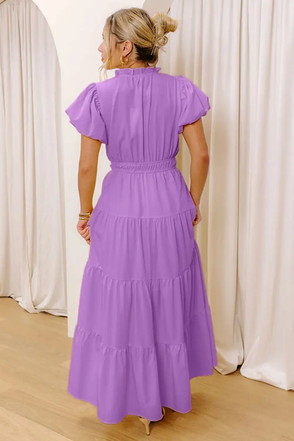 V Neck Tiered Puff Sleeve Maxi Dress