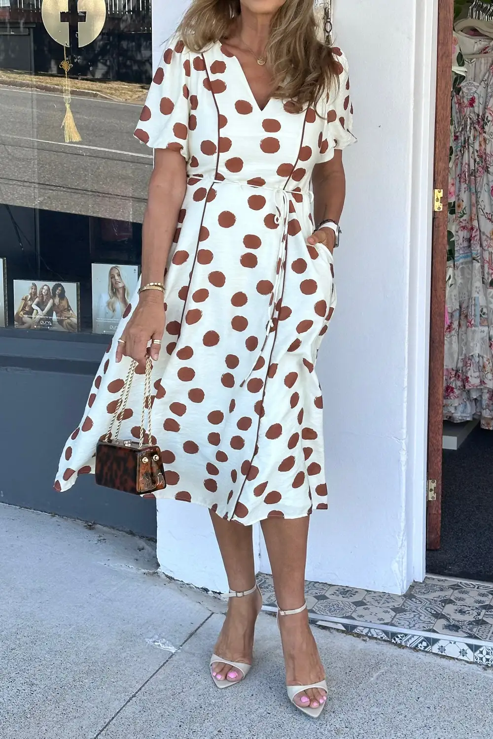 Polka Dot Short Sleeve V Neck Tie Waist Midi Dress