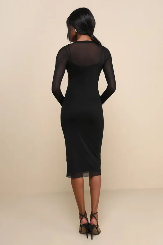 Perfect Plans Black Sheer Mesh Long Sleeve Midi Dress