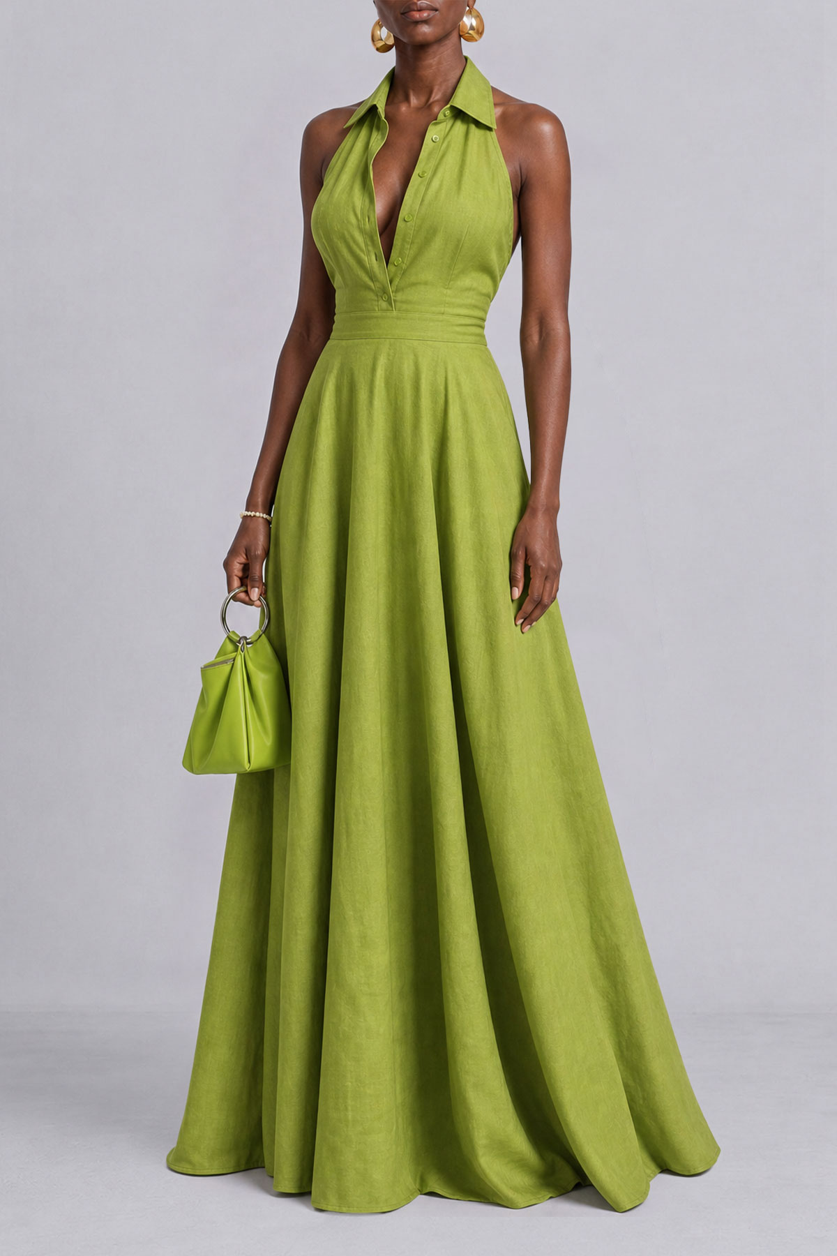Halter Neck Button Front Maxi Dress