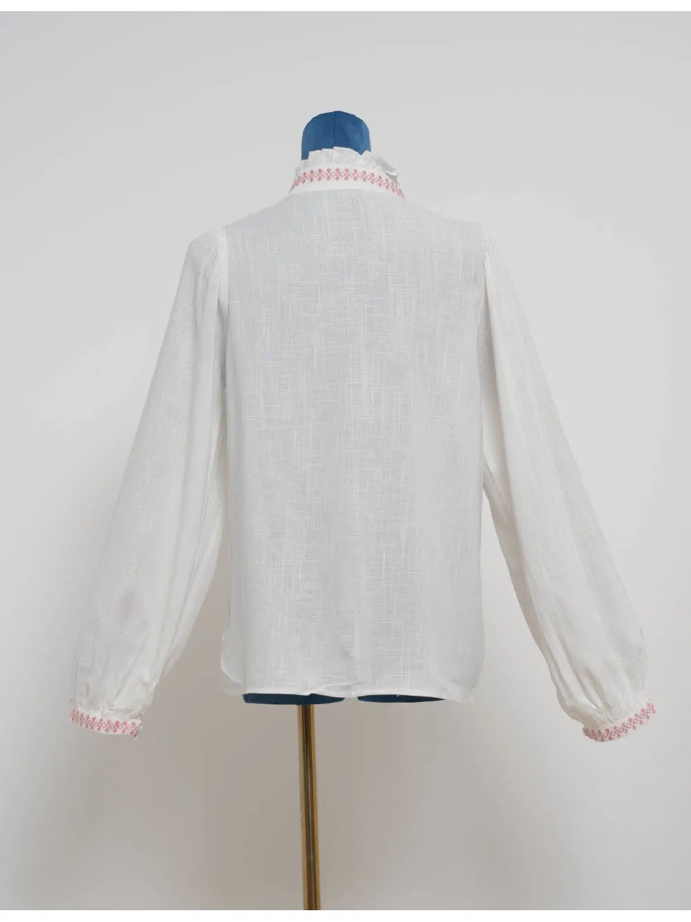 Boho Embroidery Ruffle Stand Neck Button Blouse