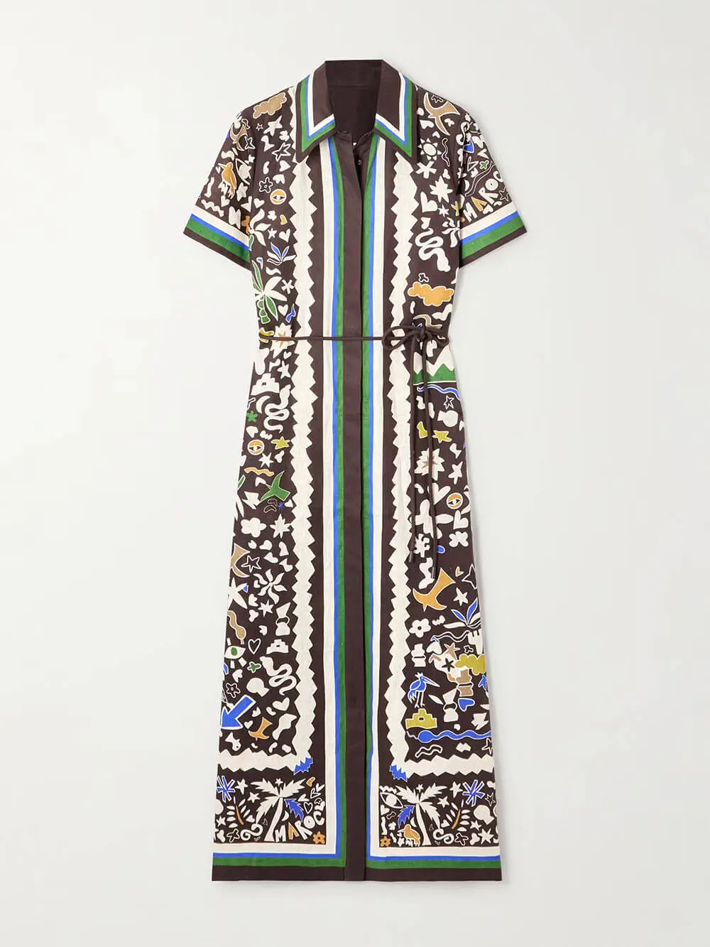 Retro Moroccan Print Belted Linen Midi Dress