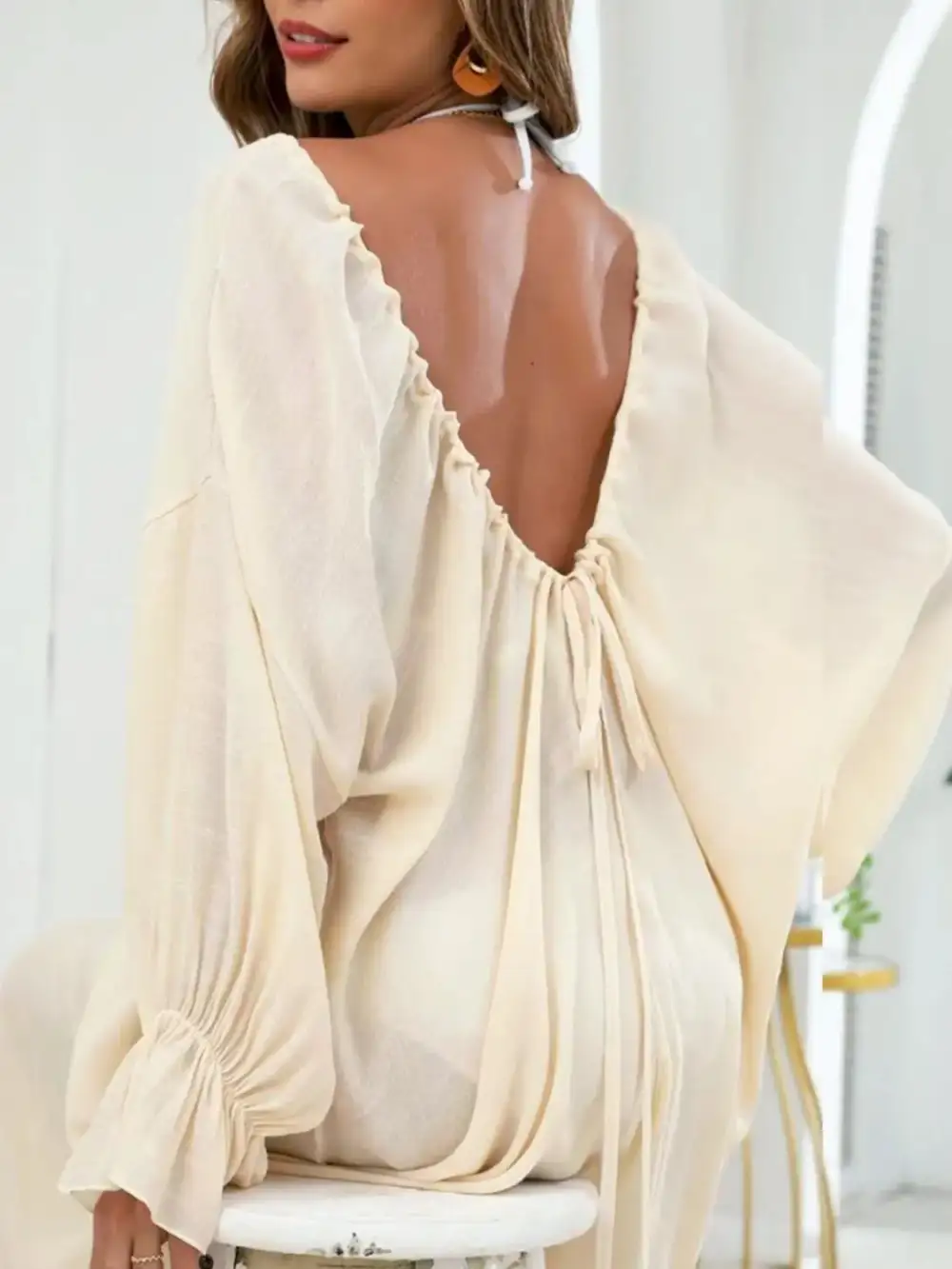 Backless Drawstring Back Flounce Sleeve Swim Cover Up