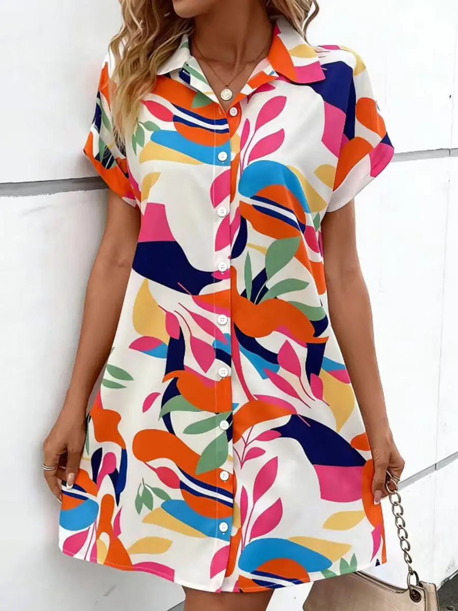 Short Sleeve Buttoned Contrast Color Printed Lapel Mini Dress Shirt Dress