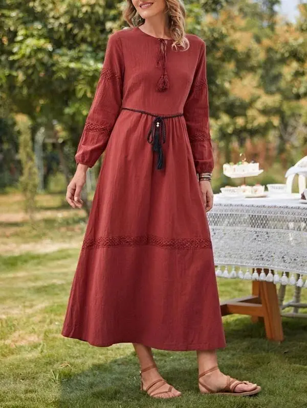 Luludress 2025 Tie Neck Lace Insert Belted Dress