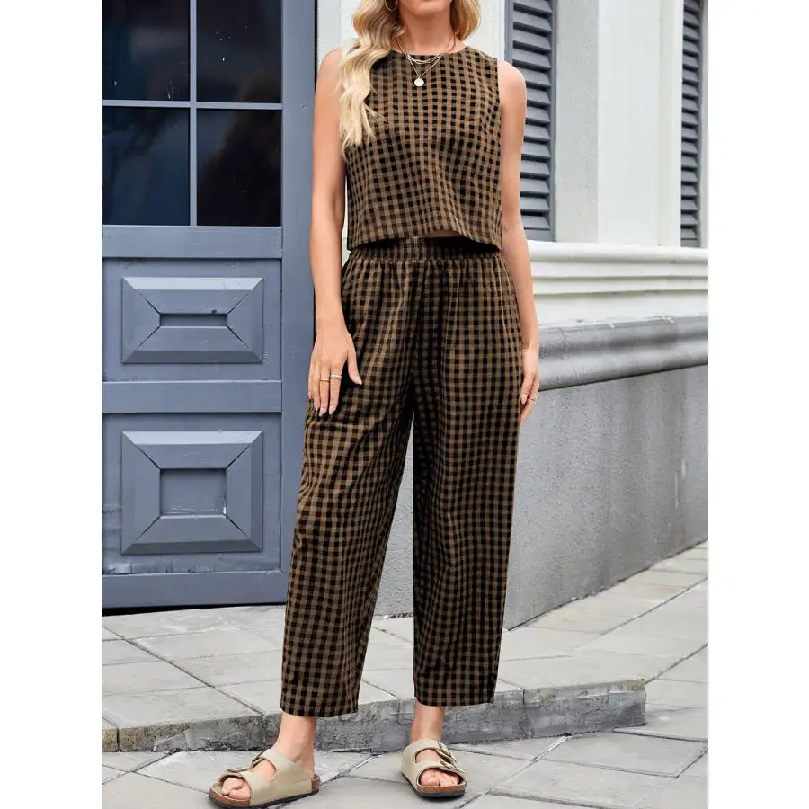 Lovelet Plaid Round Neck Sleeveless Top and Pants Set