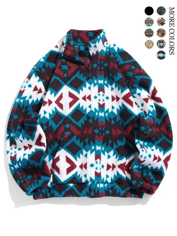 🎁Halloween Sale 49% Off - Casual Ethnic Pattern Zipper Sweatshirt – Drop Shoulder Long Sleeve Pullover with Stand Collar, Soft & Comfy Fit