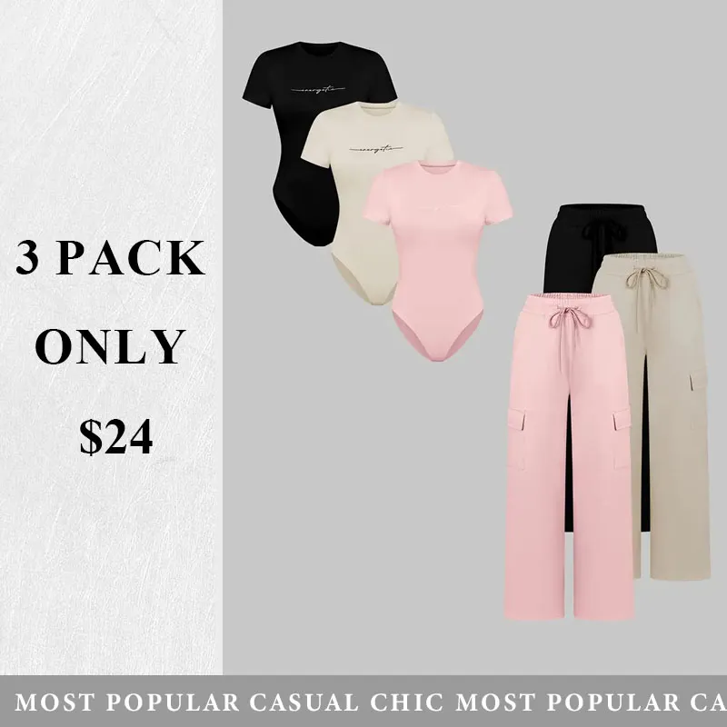 (3-SETS)Women'S Casual  Print Short Sleeve Round Neck TightJumpsuit And Waist Tie Wide Leg Pants With Pockets Set