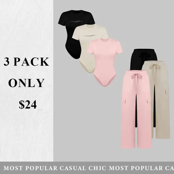 (3-SETS)Women'S Casual  Print Short Sleeve Round Neck TightJumpsuit And Waist Tie Wide Leg Pants With Pockets Set