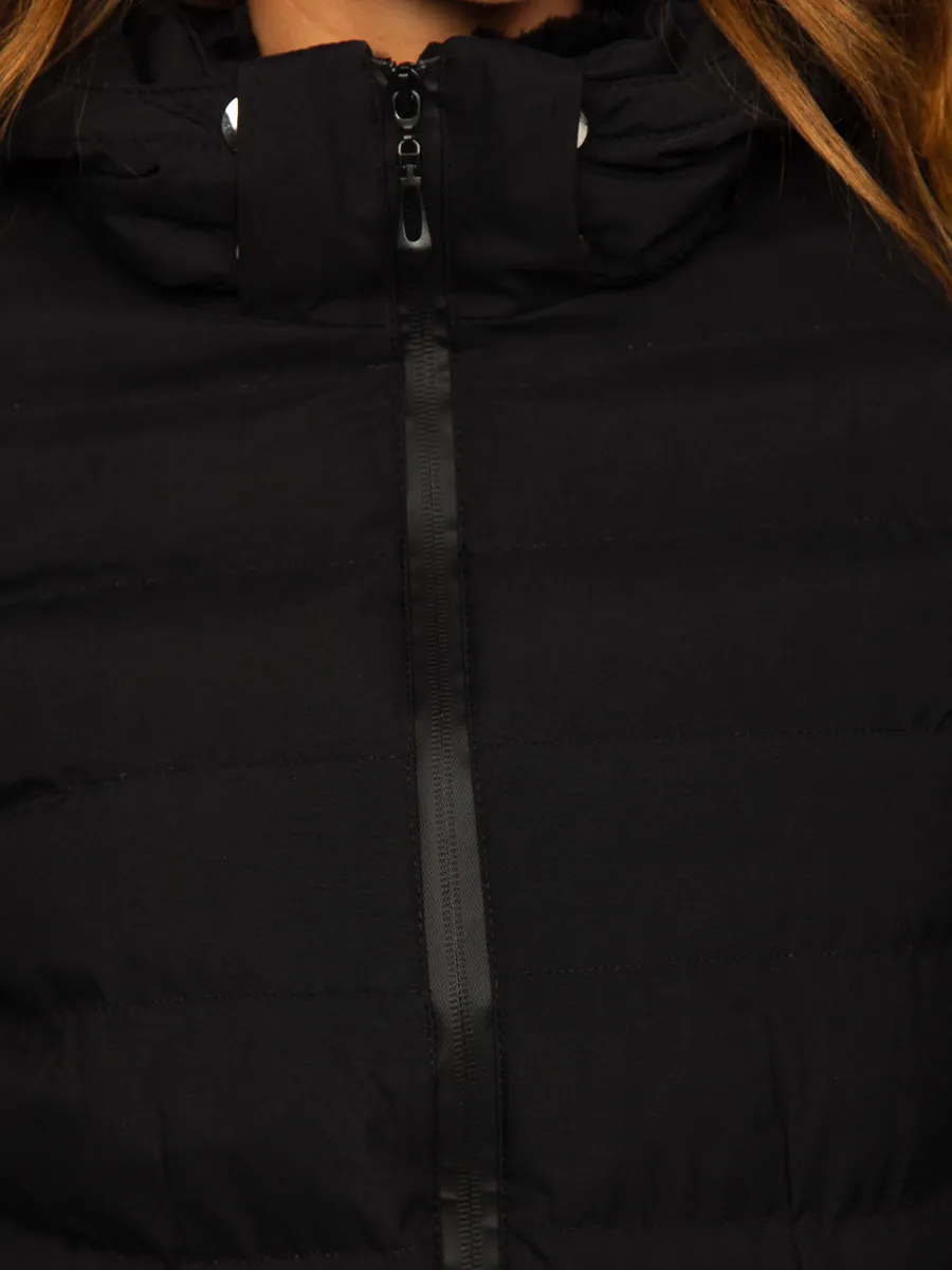 Black women's quilted winter jacket with hood