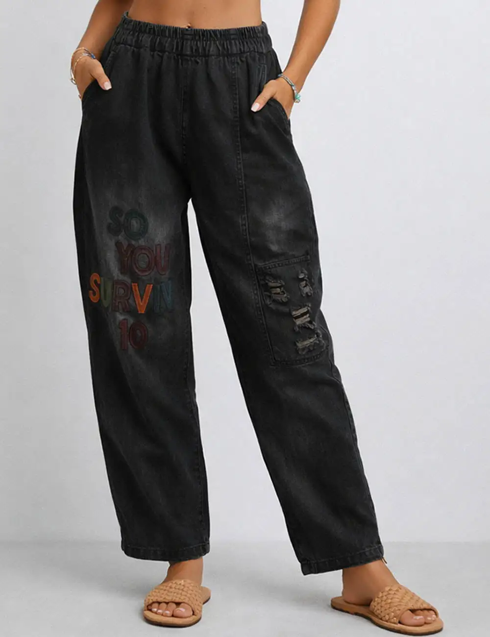 Letter Print Elastic Waist Distressed Barrel Leg Denim Pants