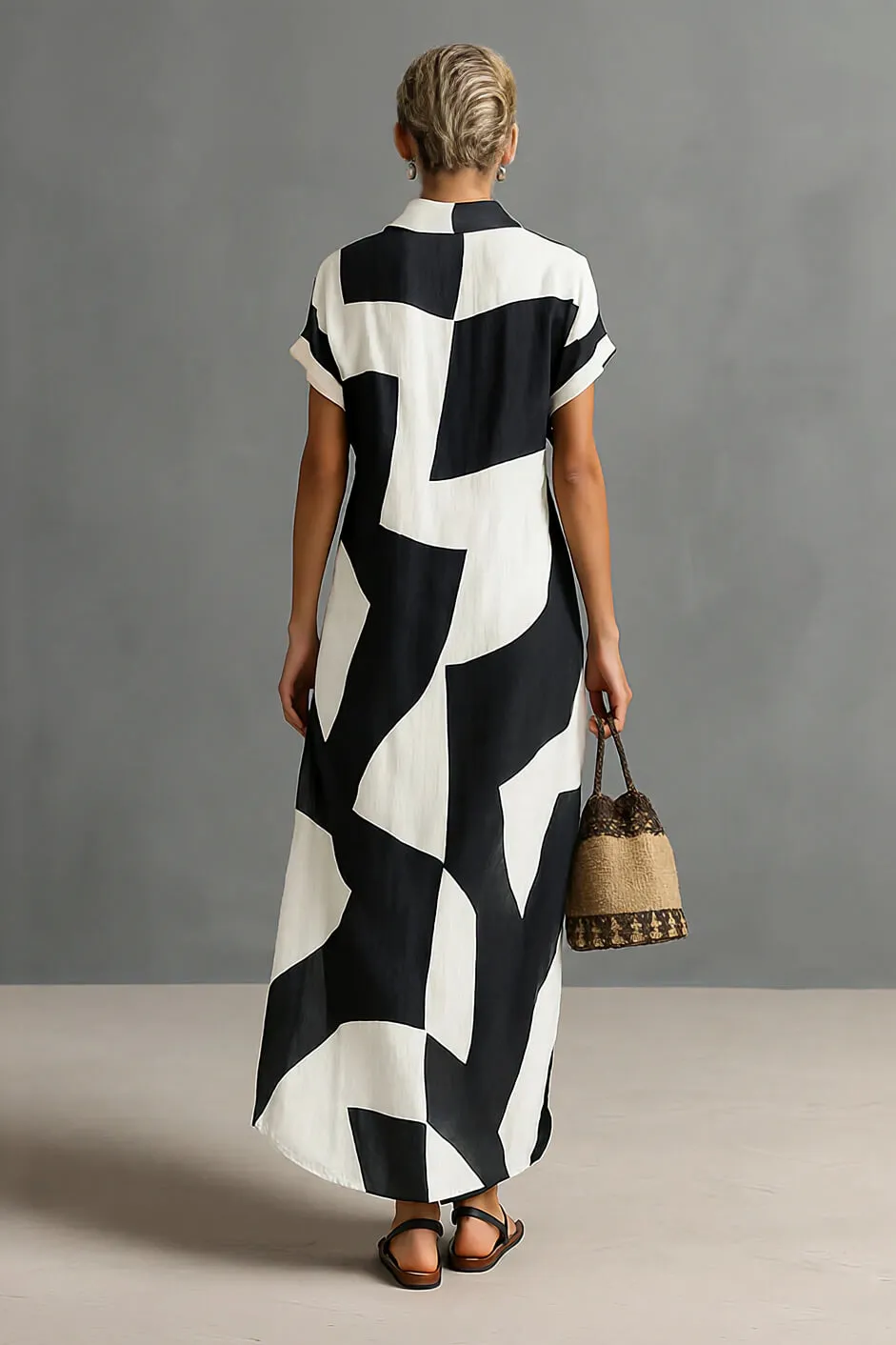 Irregular Geometric Print Lapel Maxi Dress
