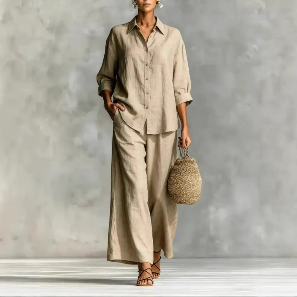 Wide-Leg Button-Up Linen Women's Matching Set